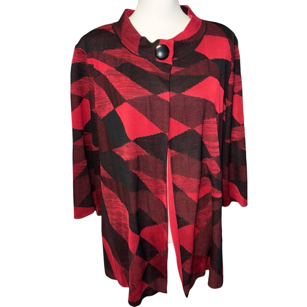 Ming Wang Cardigan Sweater Jacket Womens 1X Red Black Geometric Blazer Knit